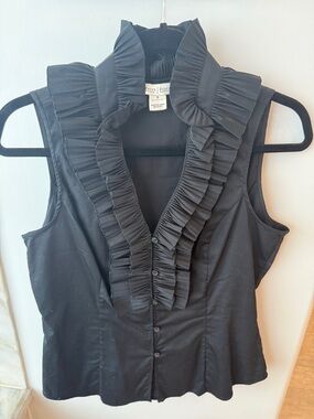 White House Black Market Black Sleeveless Ruffle Front Button Blouse